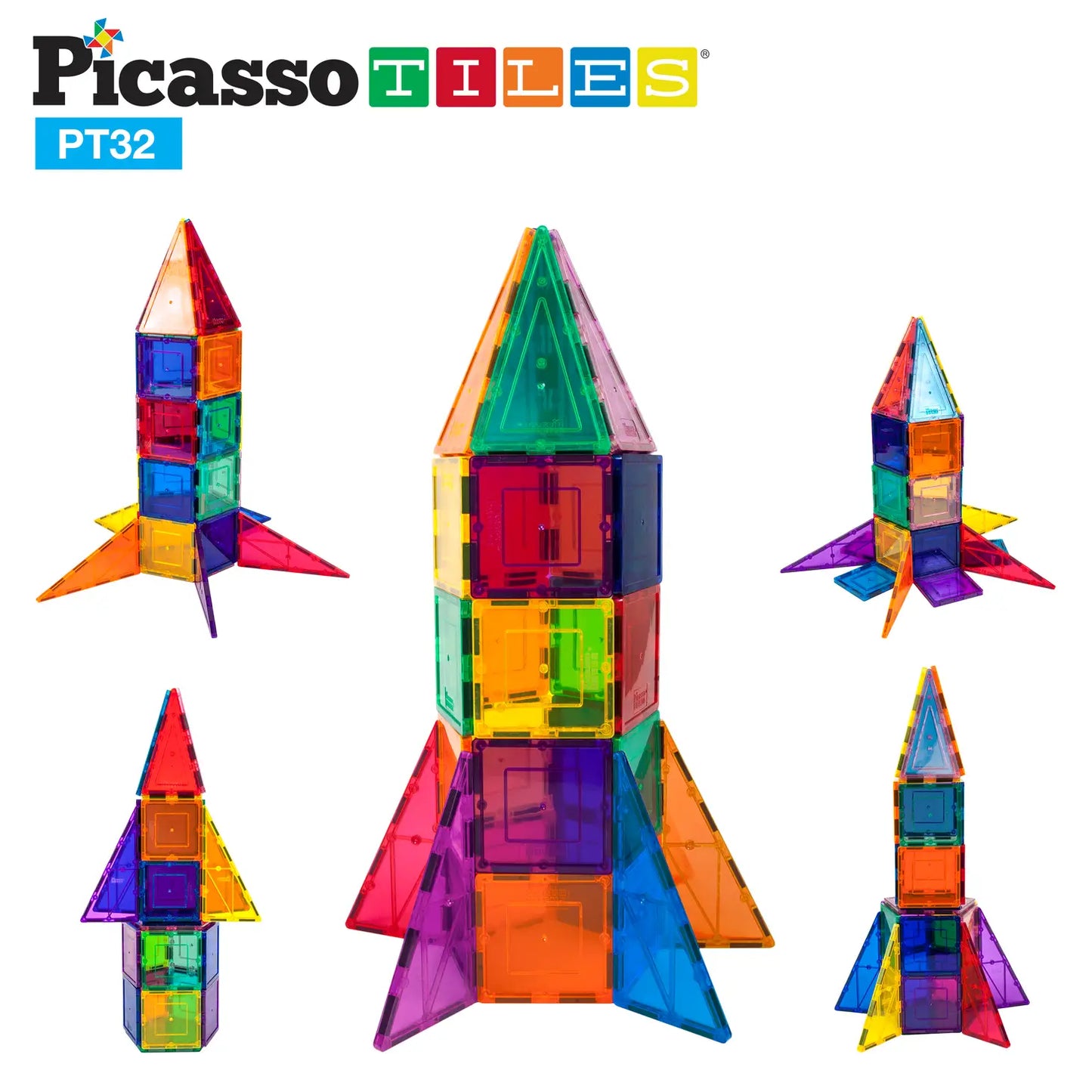 PicassoTiles 32pc Magnetic Rocket Tile Set