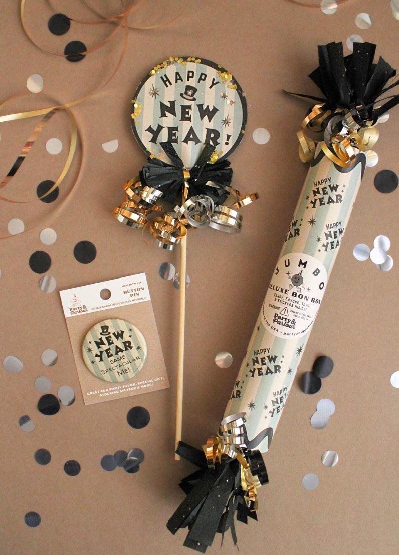 New Year's Striped Retro Vintage Button Pin