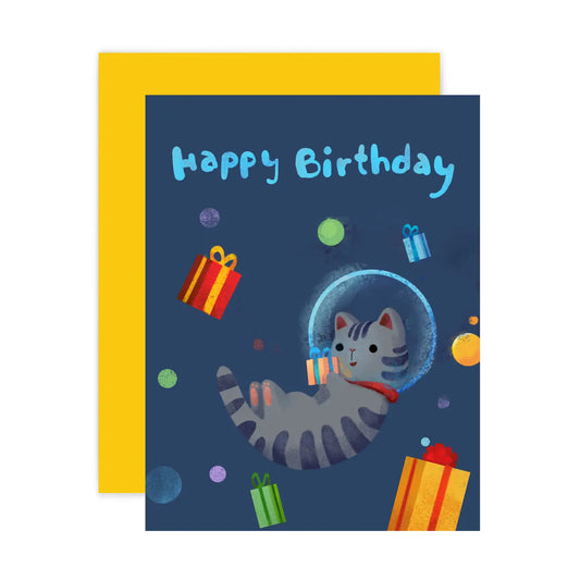 Space Cat with Gift Birthday Card