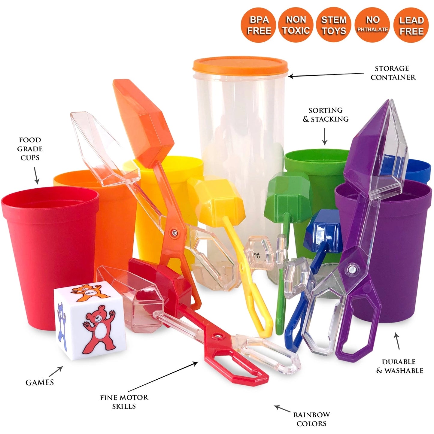 Rainbow Matching & Sorting Cups and Scissor Tongs Set
